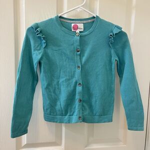 Mini Boden Teal Ruffle Shoulder Cardigan Sweater Cotton Girls Size 7-8 years